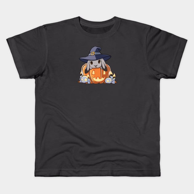 Grey Lop Bunny in a Pumpkin T-Shirt Kids T-Shirt by Myanko